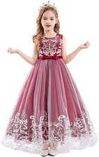 Girls Princess Tulle Lace Applique Dress Wedding Bridesmaid Dress Floor Length 4