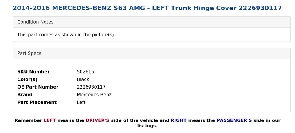 Mercedes-Benz S63 AMG 2014-2016 - Cubierta de bisagra de maletero izquierdo 2226930117 Foto 4 de 4