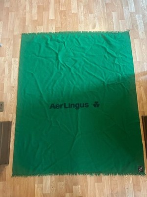 Vntg AerLingus 100% Wool Throw Blanket Foxford Ireland Green Shamrock Airline