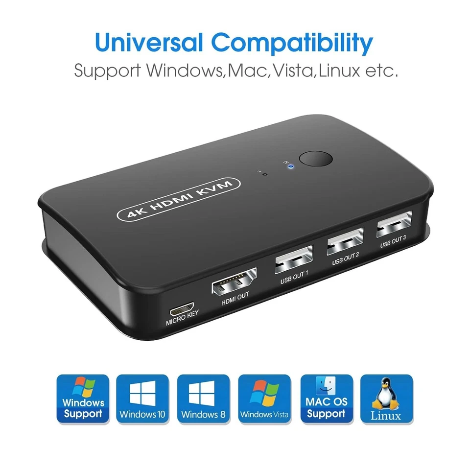 4K Switch HDMI 2 PC, 4K@30Hz, 3 USB 2.0 USB KVM Umschalter Monitor Maus Tastatur - Bild 4 von 4