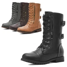 Women's Mid Calf Boots Zipper Leather Combat Boots Flat Buckle Shoes
