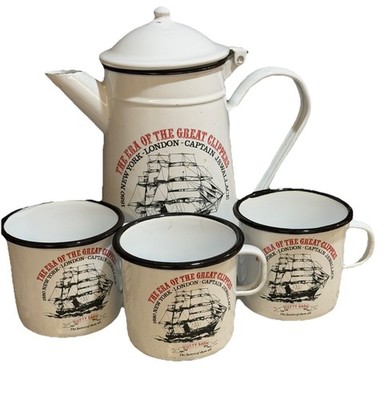 Vtg Cutty Sark White Enamel Coffeepot Plus 3 Matching Ceramic Mugs