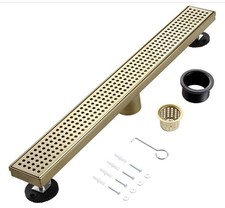 36" Linear Shower Drain, 304 Stainless Steel, Brushed Gold, Grid Cover