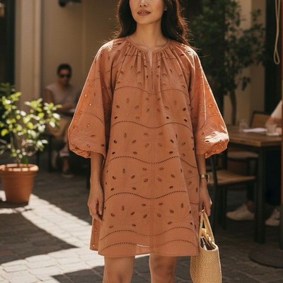 Oroton Dress Size 8 AU / 4 AU Brown Daisy Broderie Anglaise Mini