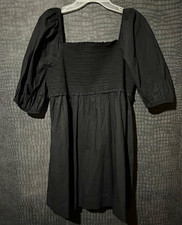 American Eagle Black Solid Smocked Square Neck Puff Sleeve Mini Dress L