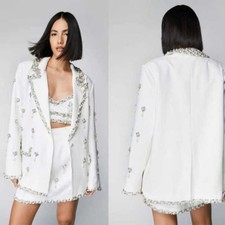 Formal Women's Beaded Suit Crystals Jacket Single Breasted Peak Lapel Party