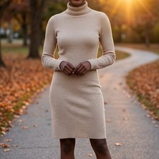 Old Navy Womens Ribbed Turtleneck Sweater Dress Oatmeal Heather Beige Large