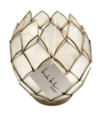 NICOLE MILLER OFF WHITE CAPIZ SHELL LOTUS BRASS GOLD TEA LIGHT,CANDLE HOLDER-8"H