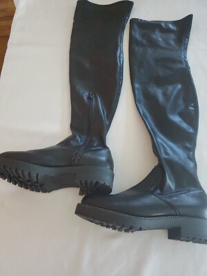 Asos Design Black Faux Leather Thigh High Boots Sz New!