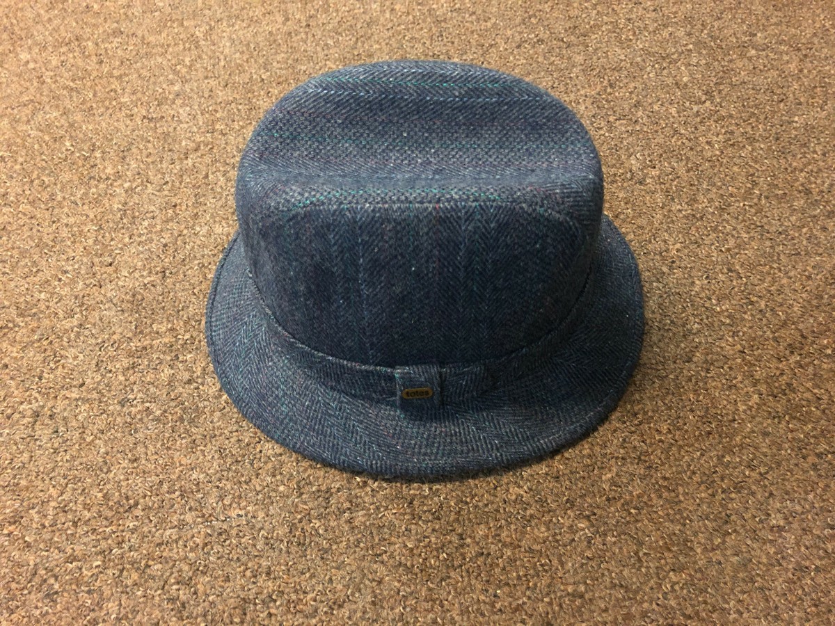 Totes Wool Blend Hat Blue Gray Tweed Fedora Size Medium