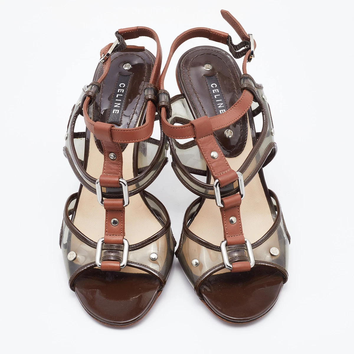 Celine Brown Leather and PVC Caged Studded Ankle Strap Sandals