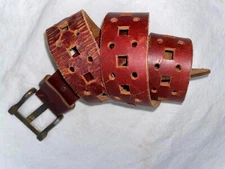 VTG Mens 38 Brown Leather SQUARE CUT OUT GEOMETRIC Disco  Belt