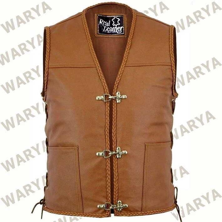 New Mens Leather Vest Buckle Motorbike Vest Motorcycle Club Biker Fishhook Vest