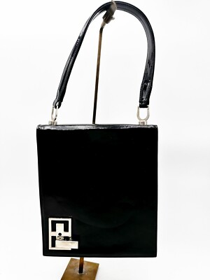 Sac à Main Vintage Rétro Années 60-70 - Cuir Noir Verni, France, Taille 21x18 Cm, Occasion En Bon état