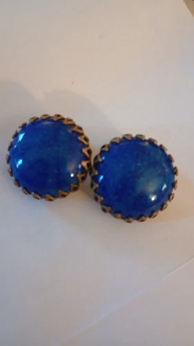 Miriam Haskell Blue Cabochon Lapis Ceramic Brass Clip On Vintage Earrings