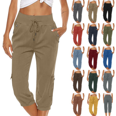 Ladies Plus Size 3/4 Cropped Stretchy High Waist Capri Pants  Trousers 6-24