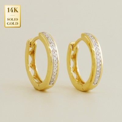 14K Echt Massiv Gold Diamant Creolen Huggies Echt Diamant Elegant Schmuck