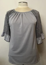 Win Win Blouse Sz Small-Med Gray Lace Ruffle Half Sleeves Stretch Pullover Top