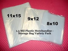 60 Poly Merchandise Storage Bag Variety Pack 8x10 9x12 11x15 Clear 1.5 Mil Bags