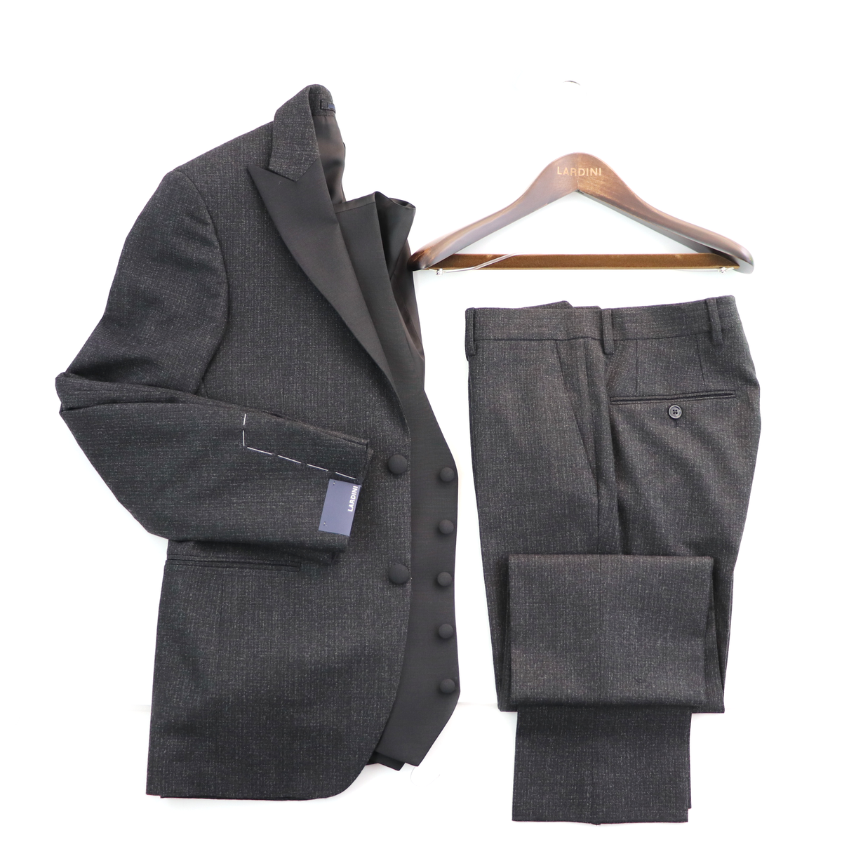 NWT LARDINI Charcoal Gray Tic Weave 100% Wool Peak Lapel 3 Suit 42  