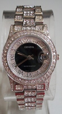 Men's stones silver finish black dial date fashion dressy hip hop watch