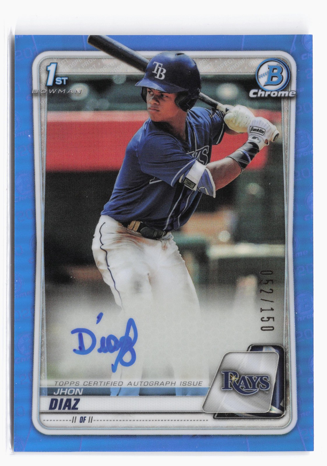 2020 Bowman Chrome Auto Blue Refractor #CPA-JDI Jhon Diaz #/150 Bay Rays SP RC