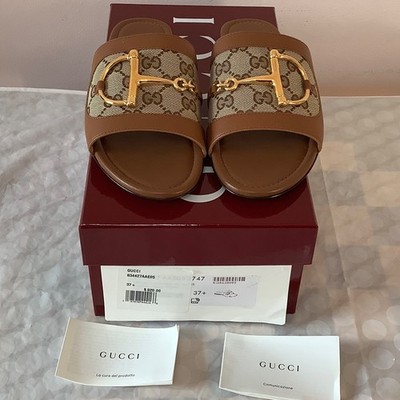 GUCCI モノグラム ミュール ブラウン37.5 Gucci Alfa Gold Horsebit Brown GG Canvas Logo Leather Mule Flat