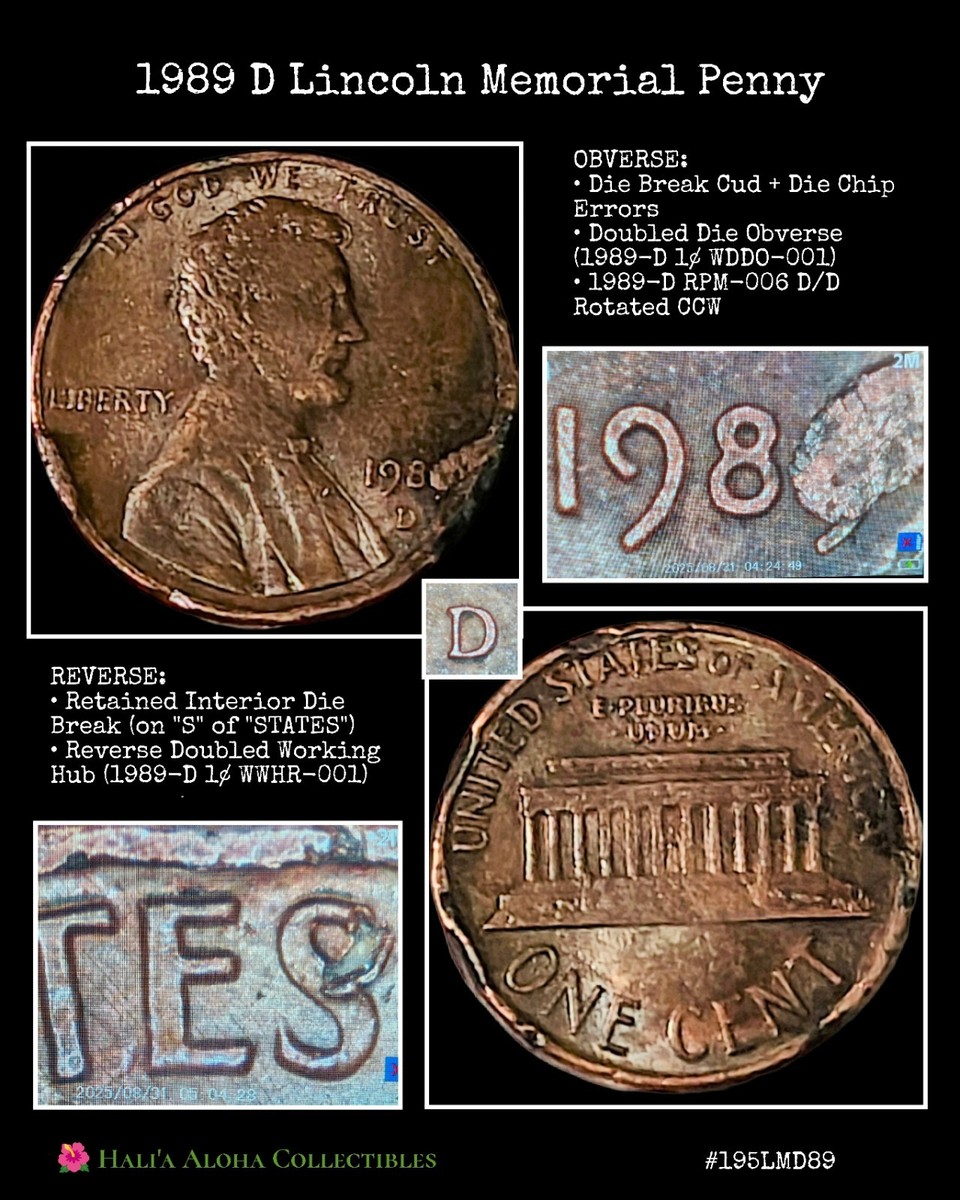 💠🪙💠1989 D Lincoln Memorial Cent w/ Multiple One-of-a-Kind Mint