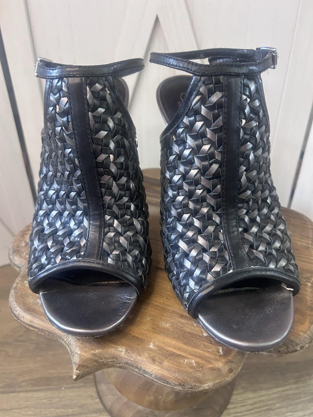 Coach Women's Leela Soft Woven Calf Pump Heels Peep Toe Pewter/Black Size 10B