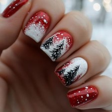 48pcs Christmas Press on Nails Red White Snowflake Tree Reusable False Nails