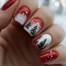 48pcs Christmas Press on Nails Red White Snowflake Tree Reusable False Nails