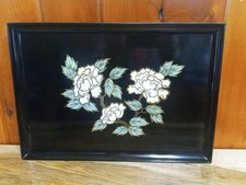 VINTAGE LARGE INLAID METAL RESIN TRAY WITH FLOWERS  BY COUROC OF MONTEREY