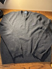 Polo Ralph Lauren Men's Size Large Charcoal Gray V-Neck Sweater 100 Lambs Wool