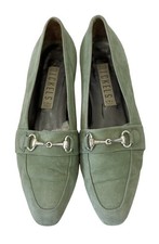 Vintage 90's NICKELS Mint Green Nubuck Loafers Shoes Sz 7M Silver Buckles Italy