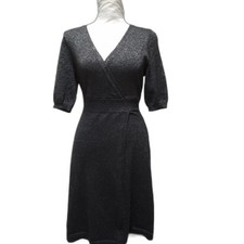 Liz Claiborne Metallic Lurex Faux Wrap Sweater Dress Charcoal Grey Midi Size 4-6