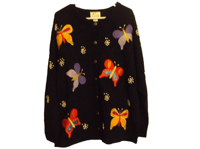 Quacker Factory Cardigan Sweater Women's  1X Black Embroidered with Butterfly