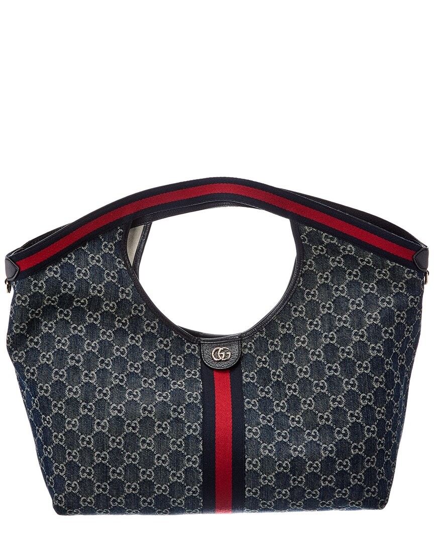 Gucci Giglio Large Gg Denim & Leather Tote Women's Blue