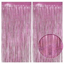 Fringe Backdrop, 3.2x8.2ft Shining Foil Tinsel 2 Pack Holographic Pink