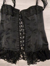 Ann Summers Black Satin & Lace Frilled Corset Top Size 10-12
