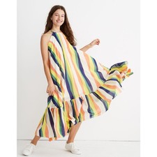 WHIT x Madewell Rainbow Stripe Crinkle Cotton Halter Maxi Dress - Size S