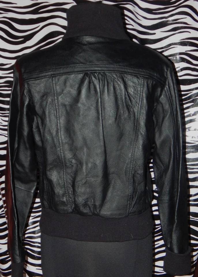 CHAQUETA BOMBER BCBG Max Azria "Tex" de cuero negra - Mujer Talla GRANDE - ¡USADA EN EXCELENTE ESTADO! Foto 2 de 4