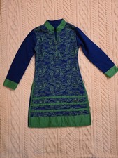 Blue and Green Long Sleeve Kurta for Women, Patterned Front, Kurtas/Kurti Style