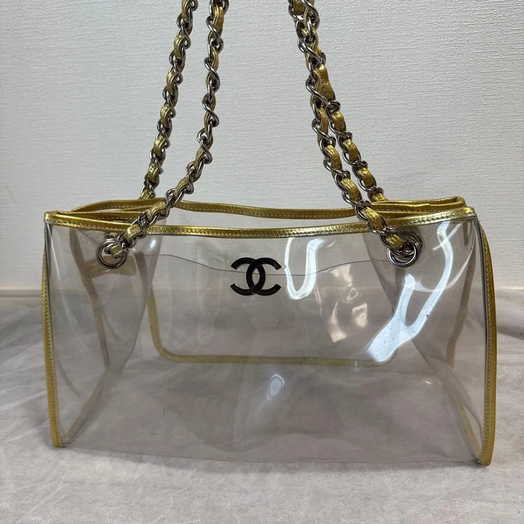 CHANEL GOLD CCロゴ クリアバッグ Chanel Vintage Clear Gold PVC Chunky Chain Tote Bag 24k GHW 9UE