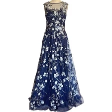 Rickie Freeman Teri Jon Embroidered Lace Illusion Gown Floral Sequin Navy Sz 4