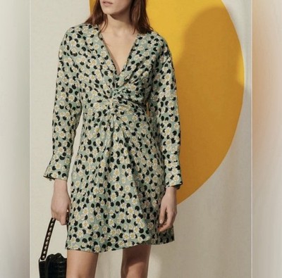 Sandro Paris Angele Dress Green Pois Dots Floral Linen XS