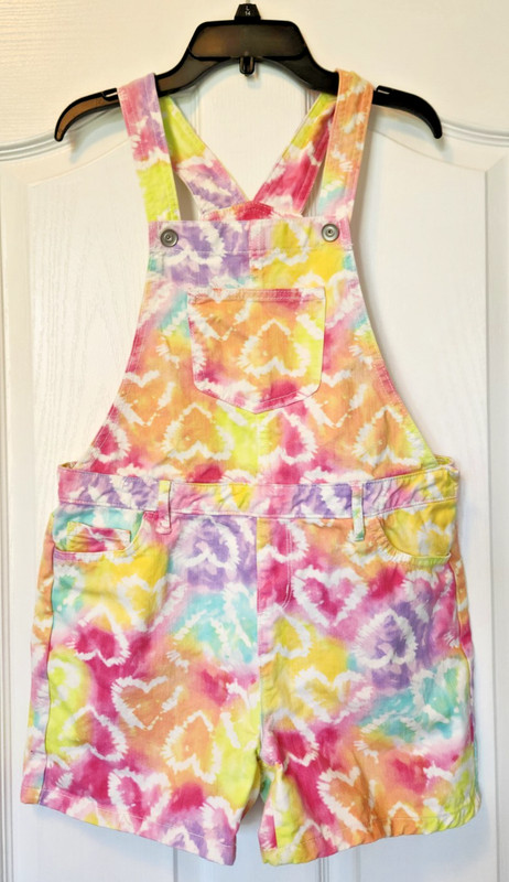 Girls BIB OVERALL SHORTS Tie Dye Pastels DENIM WEIGHT Adj straps 14
