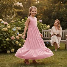 GIRLS WONDER NATION L 10 12 Pink Cotton Knit Ruffle Layer Maxi Dress Long