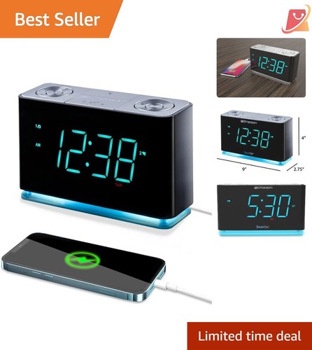 Alarm Clock Radio Bluetooth USB Charger 1.4" Cyan LED Display Night Light Indoor