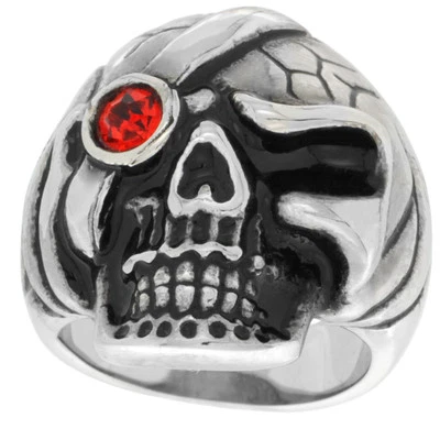 Acier Inoxydable Gothique Crâne de Pirate Biker Bague W / Rouge Pierre Zircon - Photo 1/3