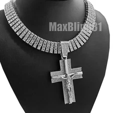 Hip Hop Silver PT Jesus Cross Pendant & 20" 30" Iced 4 Row Tennis Chain Necklace